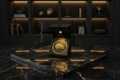 Brass Coin Display Box — Dark Gold Marble Office Scene
