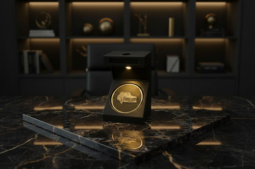 Brass Coin Display Box — Dark Gold Marble Office Scene