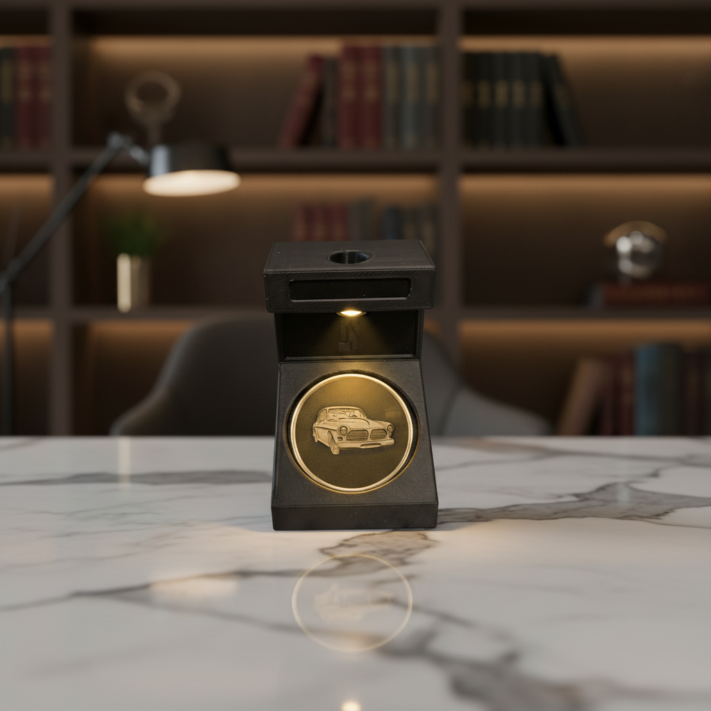 Brass Coin Display Box — Marble Office Scene