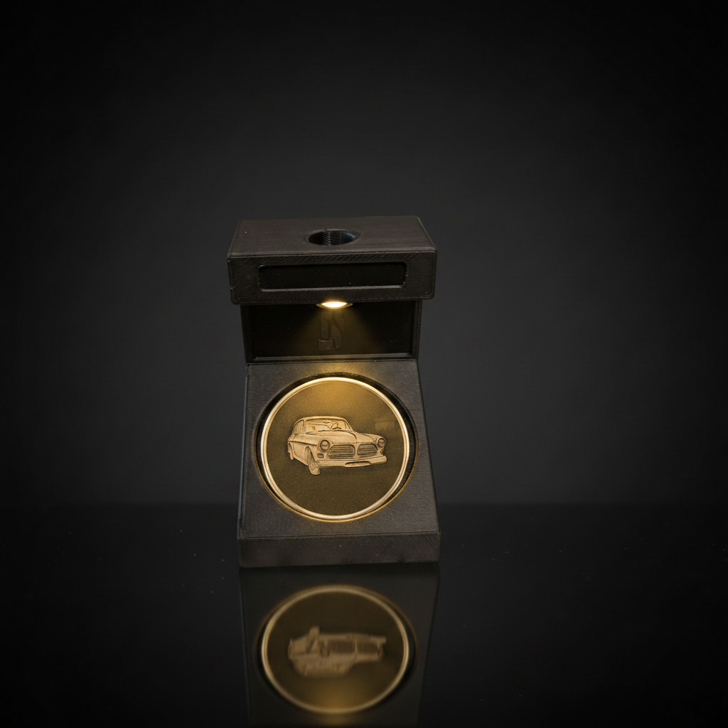 Brass Coin in Display Box — Front View