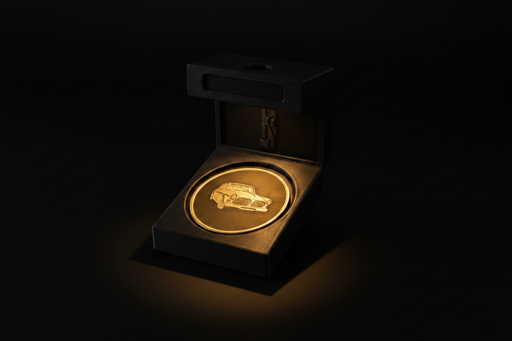 Brass Coin in Display Box — Overhead Angle