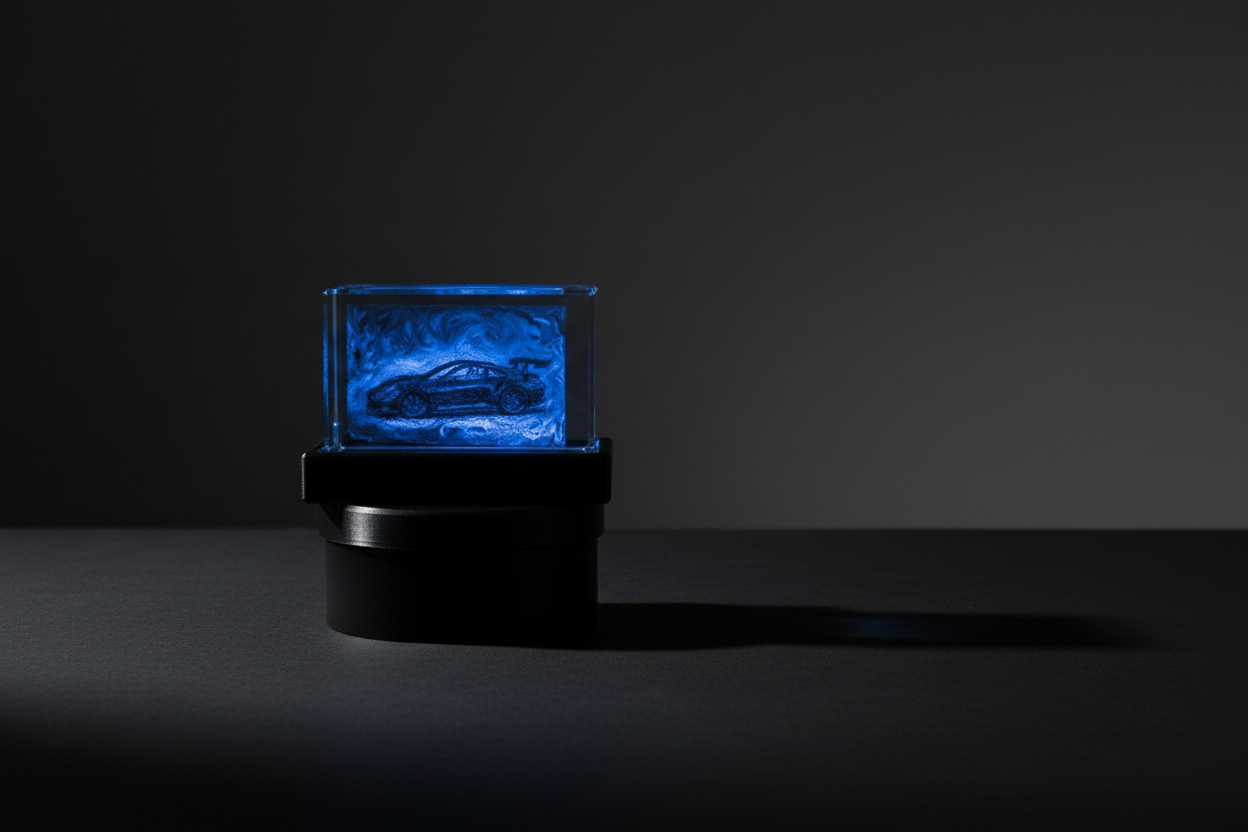Porsche LED crystal on dark charcoal with dramatic side lighting — Mayle Works brand theme