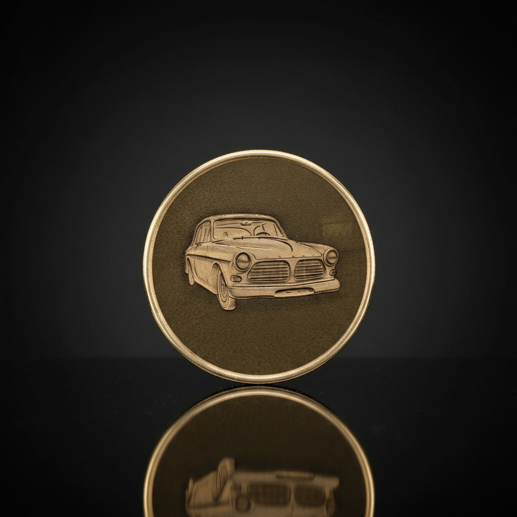 Custom embossed brass coin with classic car engraving in black display box with LED spotlight