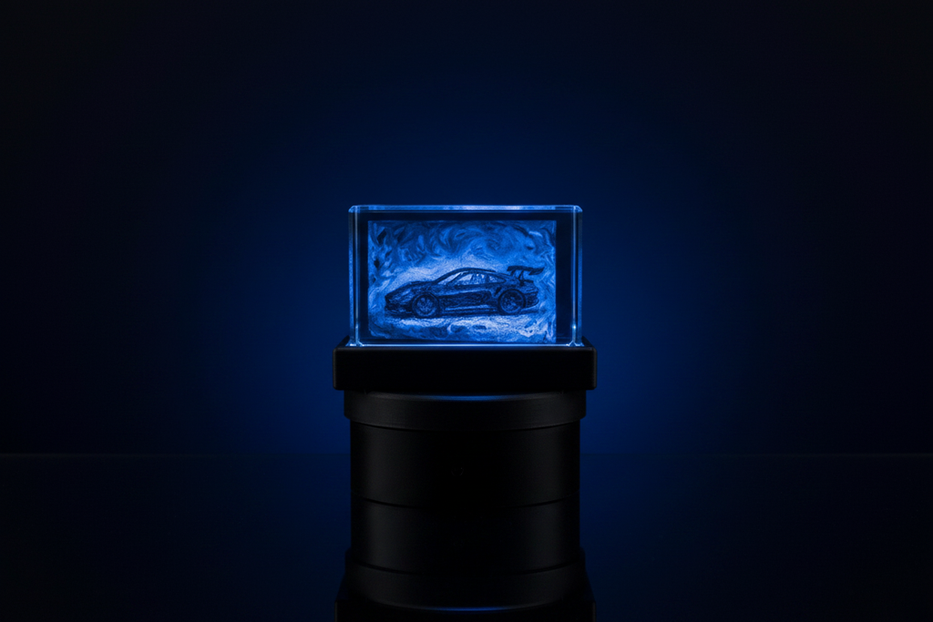 Porsche LED crystal with blue LED glow against navy background — cinematic automotive