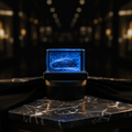 Porsche LED crystal on dark marble with gold accent lighting — elegant luxury presentation
