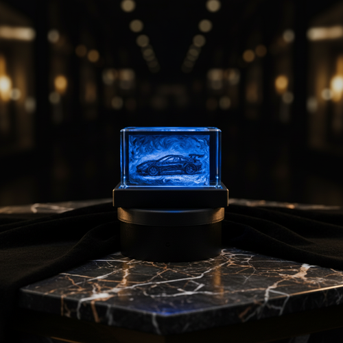 Porsche LED crystal on dark marble with gold accent lighting — elegant luxury presentation