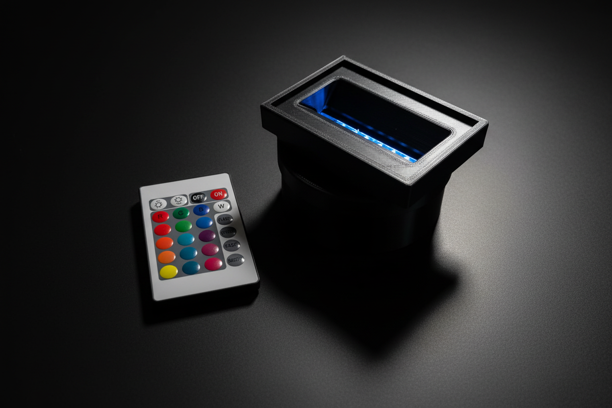 LED base and remote on dark charcoal with dramatic side lighting — Mayle Works brand theme
